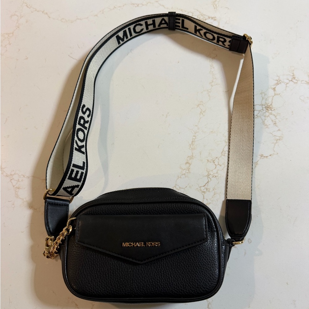 Michael Kors Black Leather Crossbody with Cream Logo Strap